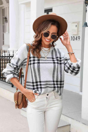 Autumn Joy Long Sleeve Crew Neck Plaid Sweater - MXSTUDIO.COM
