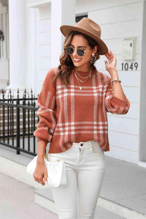 Autumn Joy Long Sleeve Crew Neck Plaid Sweater - MXSTUDIO.COM