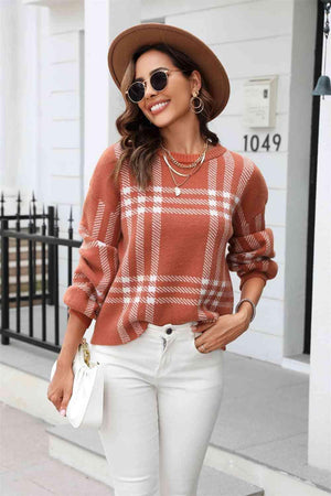 Autumn Joy Long Sleeve Crew Neck Plaid Sweater - MXSTUDIO.COM