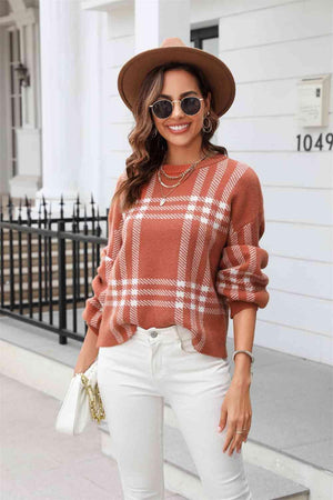 Autumn Joy Long Sleeve Crew Neck Plaid Sweater - MXSTUDIO.COM