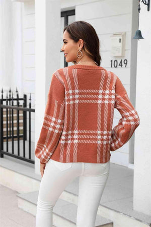Autumn Joy Long Sleeve Crew Neck Plaid Sweater - MXSTUDIO.COM