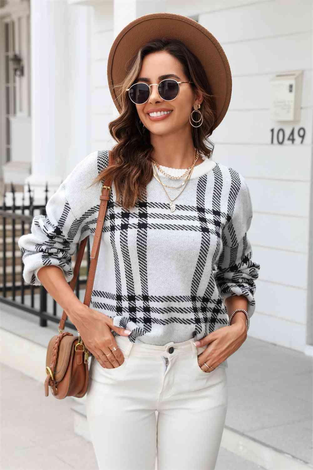 Autumn Joy Long Sleeve Crew Neck Plaid Sweater - MXSTUDIO.COM