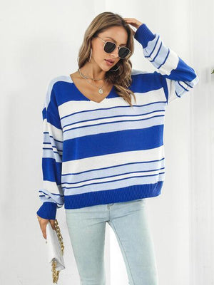 Autumn Saturday Striped V Neck Sweater - MXSTUDIO.COM