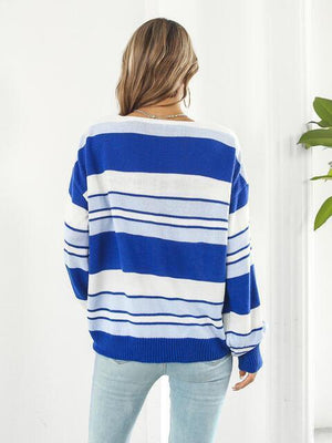 Autumn Saturday Striped V Neck Sweater - MXSTUDIO.COM