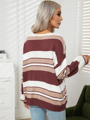 Autumn Saturday Striped V Neck Sweater - MXSTUDIO.COM