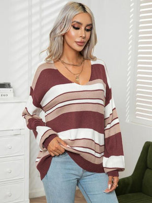 Autumn Saturday Striped V Neck Sweater - MXSTUDIO.COM