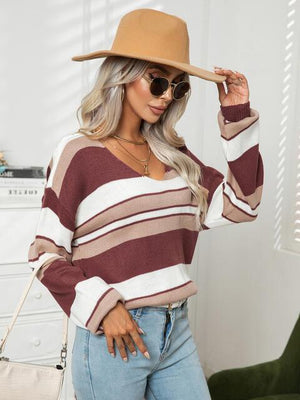 Autumn Saturday Striped V Neck Sweater - MXSTUDIO.COM