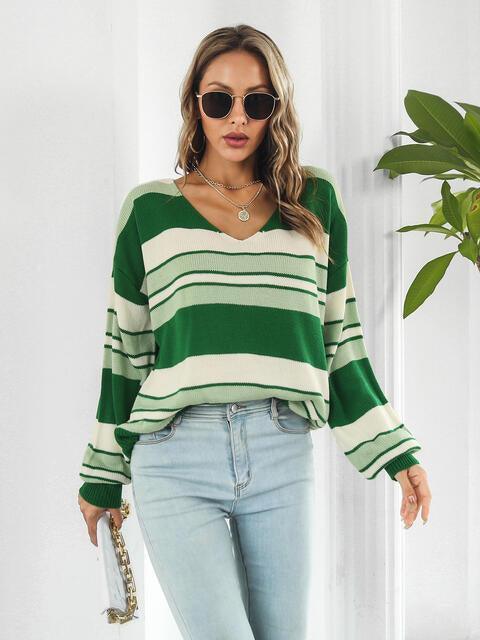Autumn Saturday Striped V Neck Sweater - MXSTUDIO.COM