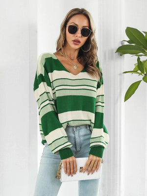 Autumn Saturday Striped V Neck Sweater - MXSTUDIO.COM