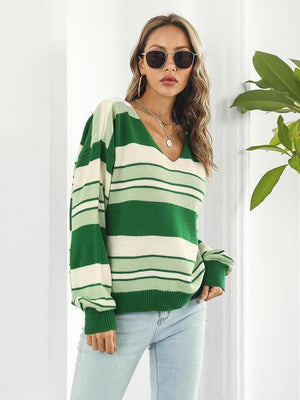 Autumn Saturday Striped V Neck Sweater - MXSTUDIO.COM