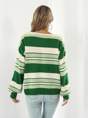 Autumn Saturday Striped V Neck Sweater - MXSTUDIO.COM