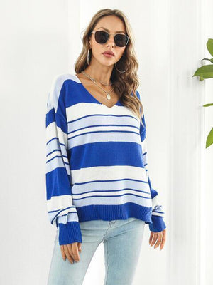 Autumn Saturday Striped V Neck Sweater - MXSTUDIO.COM