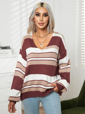 Autumn Saturday Striped V Neck Sweater - MXSTUDIO.COM