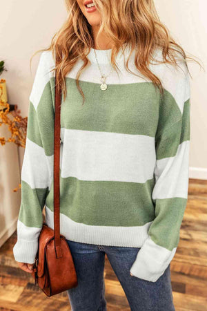 Autumn Serenity Knit Striped Crew Neck Sweater-MXSTUDIO.COM