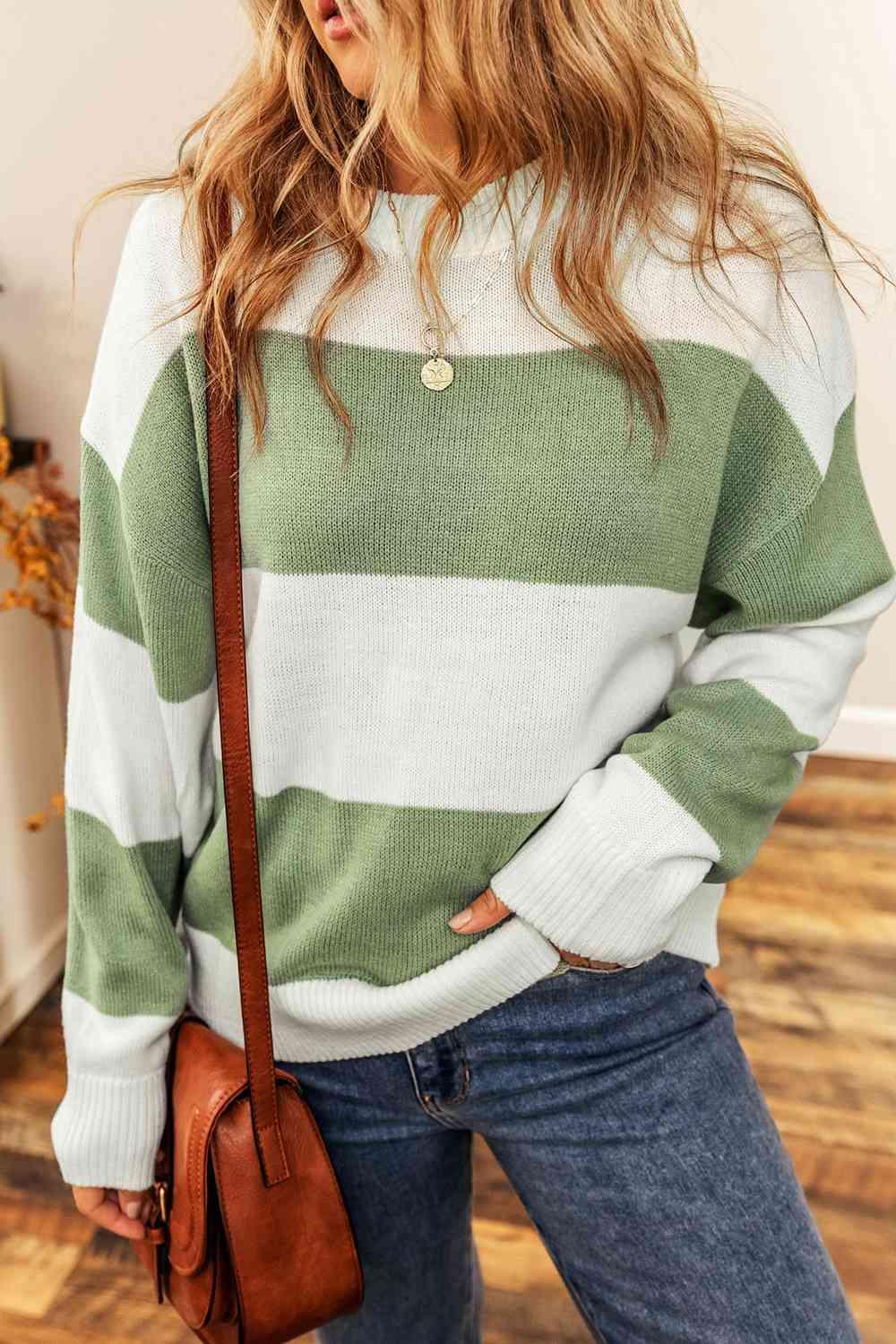 Autumn Serenity Knit Striped Crew Neck Sweater-MXSTUDIO.COM