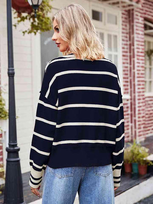 Autumn Stroll Striped Collared Notched Neck Sweater - MXSTUDIO.COM