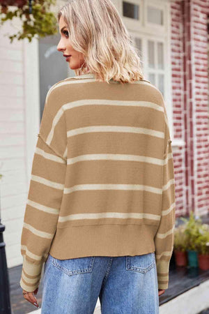 Autumn Stroll Striped Collared Notched Neck Sweater - MXSTUDIO.COM