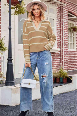 Autumn Stroll Striped Collared Notched Neck Sweater - MXSTUDIO.COM