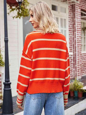 Autumn Stroll Striped Collared Notched Neck Sweater - MXSTUDIO.COM