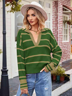 Autumn Stroll Striped Collared Notched Neck Sweater - MXSTUDIO.COM