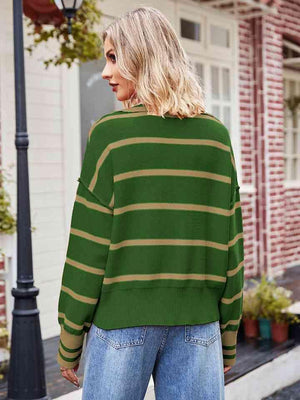 Autumn Stroll Striped Collared Notched Neck Sweater - MXSTUDIO.COM
