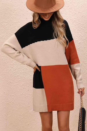 Awesome Warmth Color Block Sweater Dress - MXSTUDIO.COM