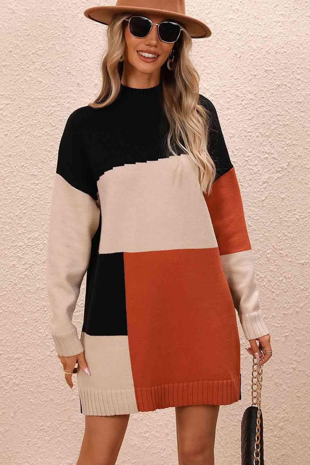 Awesome Warmth Color Block Sweater Dress - MXSTUDIO.COM
