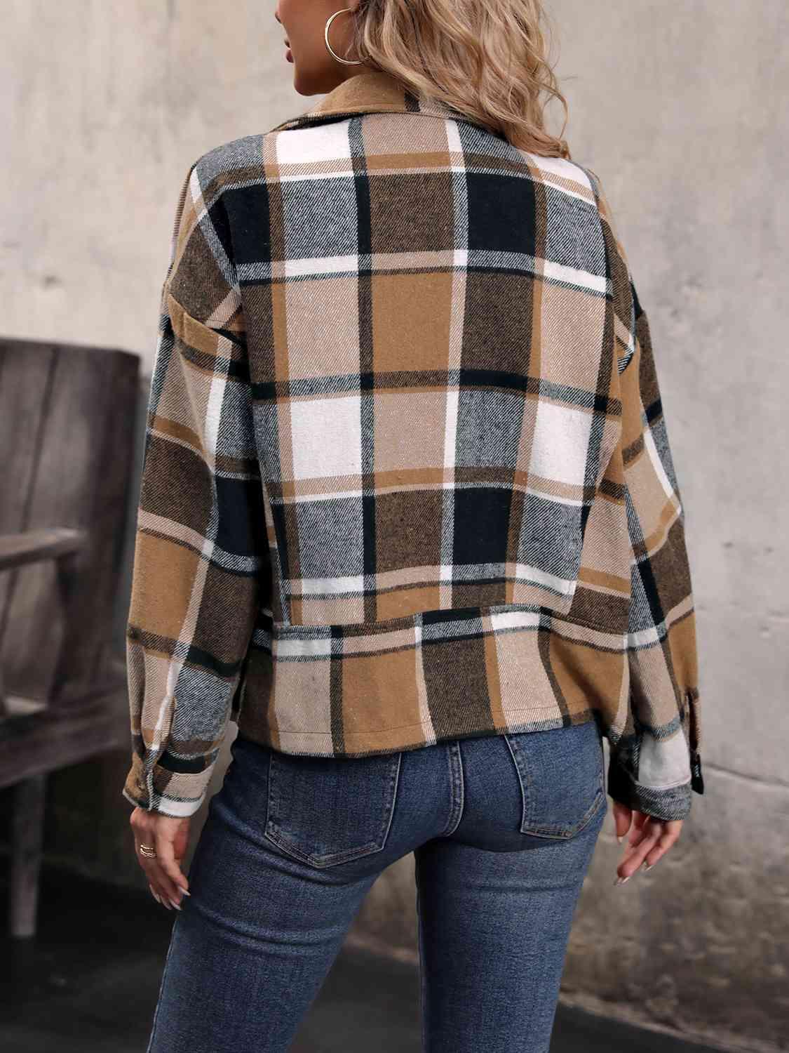 Be Bold And Warm Collared Plaid Zip Up Jacket - MXSTUDIO.COM
