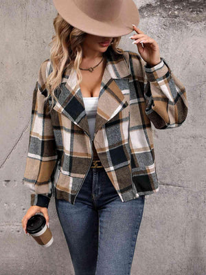 Be Bold And Warm Collared Plaid Zip Up Jacket - MXSTUDIO.COM