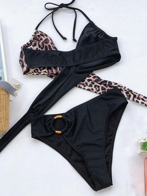 two piece swimsuit with leopard print on the side