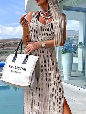 a woman in a white dress holding a white bag