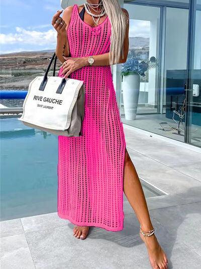 a woman in a pink dress holding a white bag