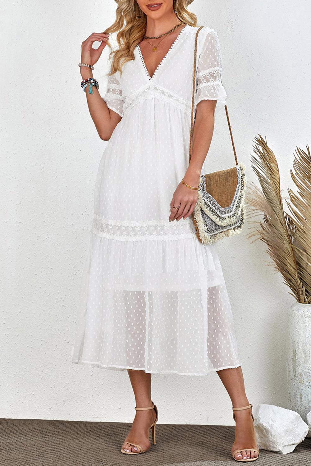 Beach Wedding Look A-Line Swiss Dot Midi Dress - MXSTUDIO.COM