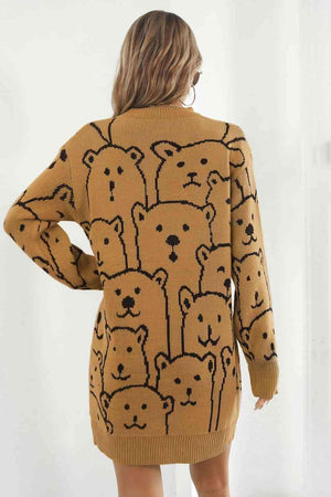 Bear Pattern Ribbed Knit Sweater Dress - MXSTUDIO.COM