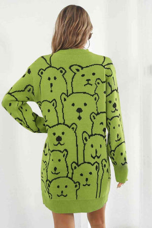 Bear Pattern Ribbed Knit Sweater Dress - MXSTUDIO.COM