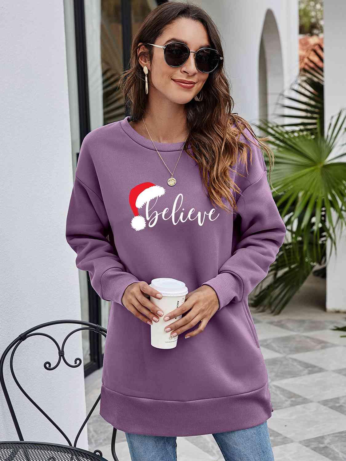 Believe Graphic Tunic Christmas Sweatshirt-MXSTUDIO.COM