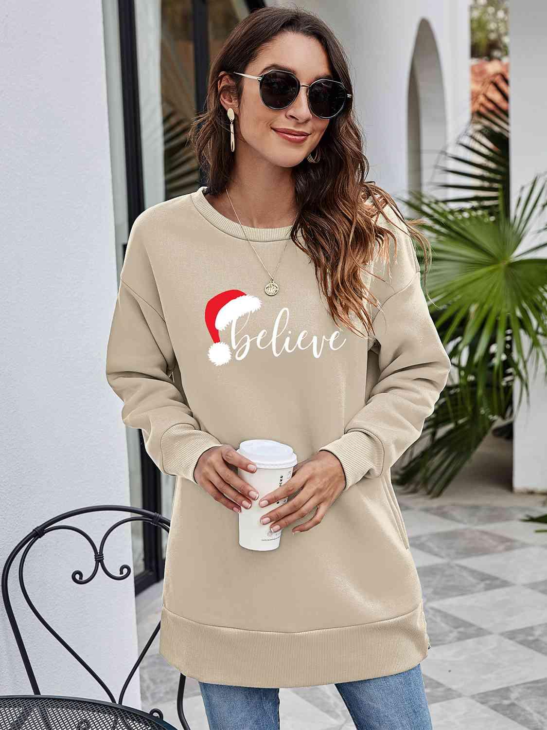 Believe Graphic Tunic Christmas Sweatshirt-MXSTUDIO.COM
