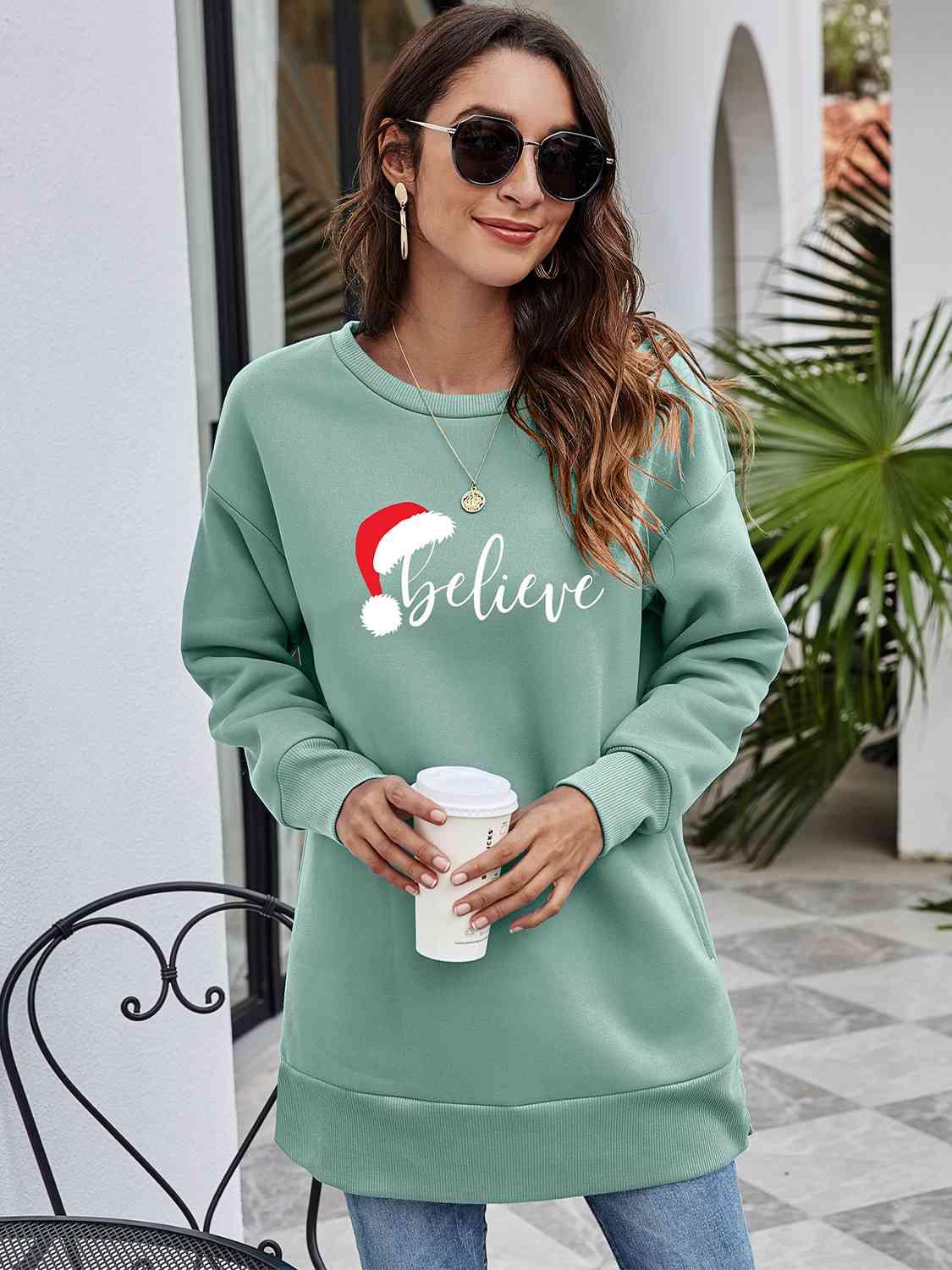 Believe Graphic Tunic Christmas Sweatshirt-MXSTUDIO.COM
