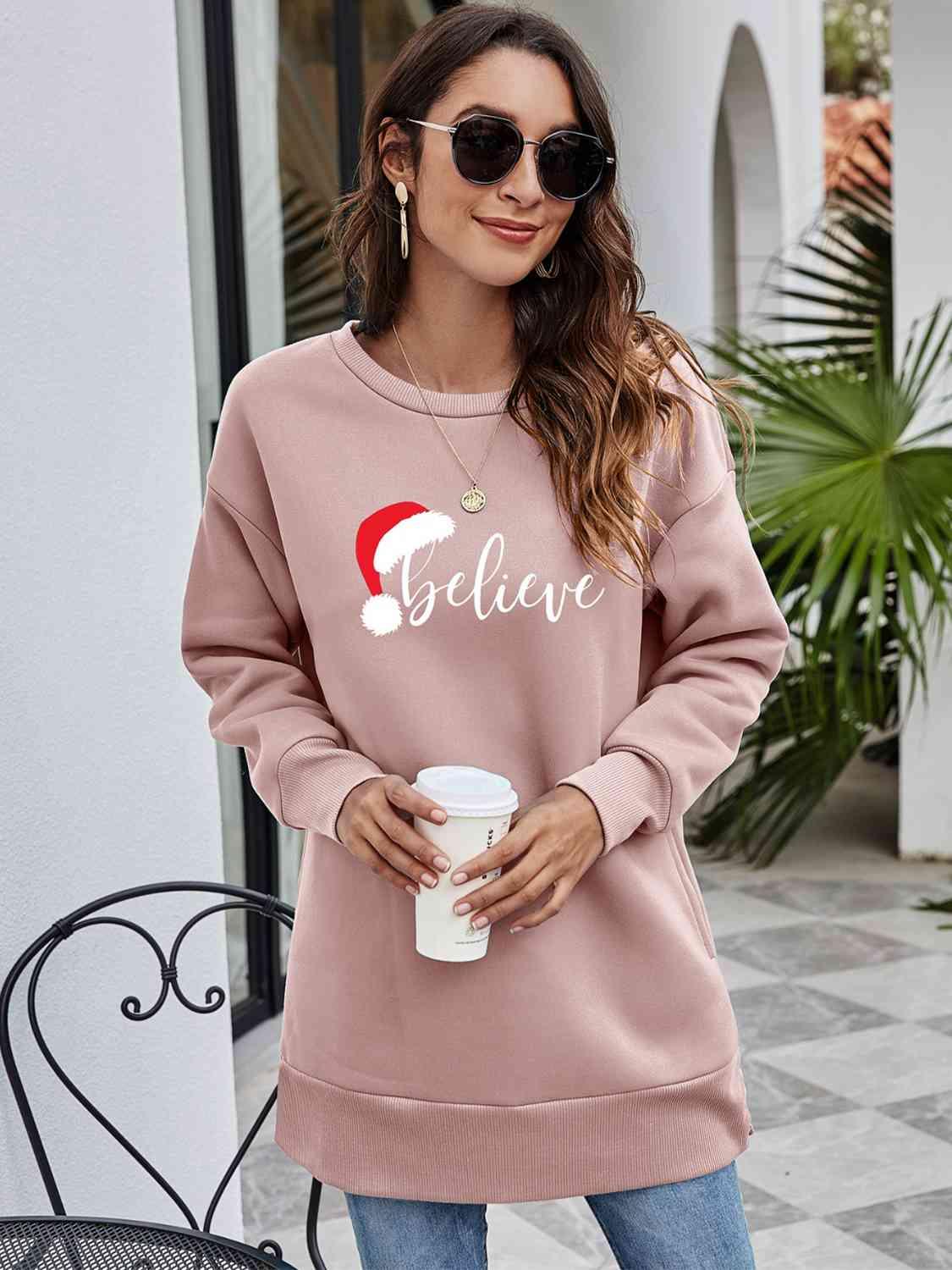 Believe Graphic Tunic Christmas Sweatshirt-MXSTUDIO.COM