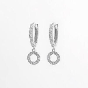 a pair of silver hoop earrings with diamonds