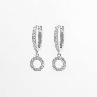 a pair of silver hoop earrings with diamonds