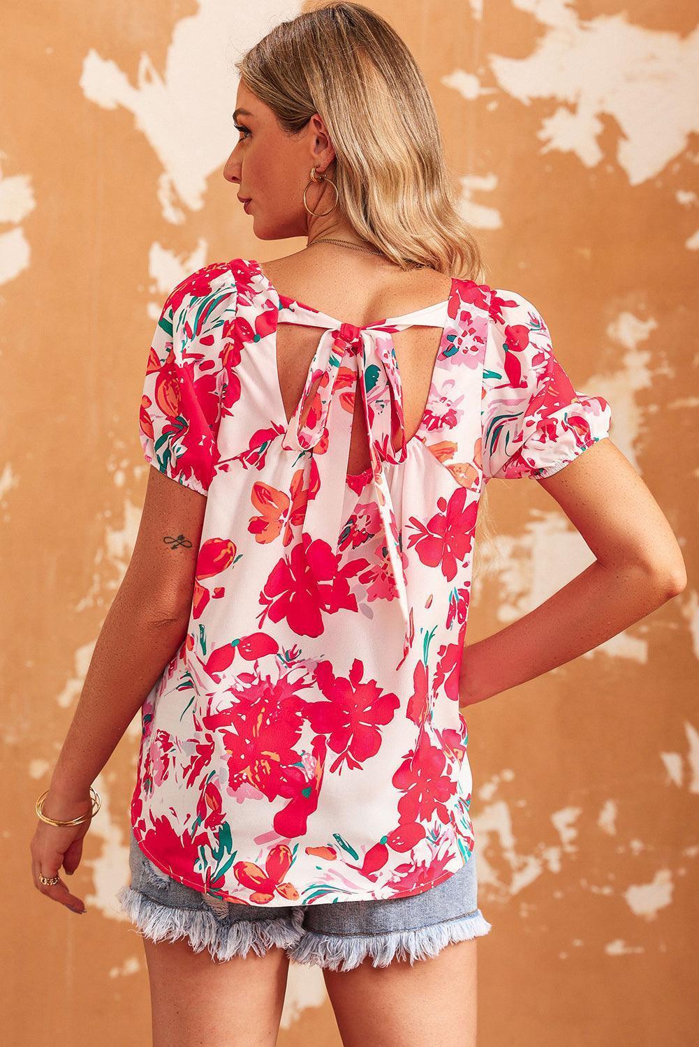 Blissfully Blossoming Tie Back Floral Short Sleeve Blouse - MXSTUDIO.COM