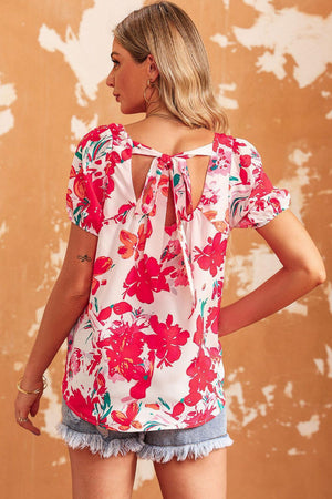 Blissfully Blossoming Tie Back Floral Short Sleeve Blouse - MXSTUDIO.COM