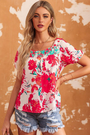Blissfully Blossoming Tie Back Floral Short Sleeve Blouse - MXSTUDIO.COM