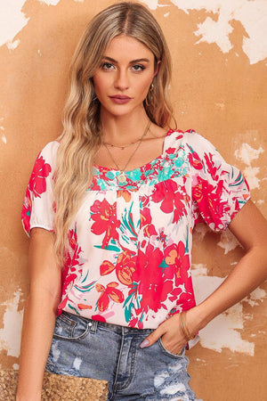 Blissfully Blossoming Tie Back Floral Short Sleeve Blouse - MXSTUDIO.COM