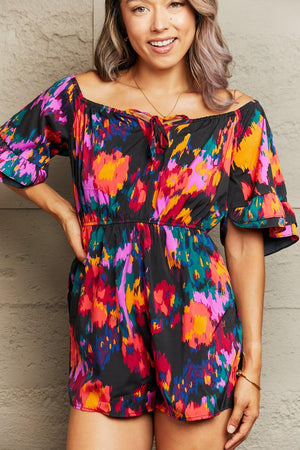 Boat Neck Flounce Sleeve Multicolor Romper - MXSTUDIO.COM