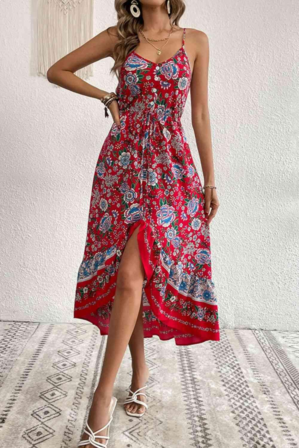 a woman wearing a red and blue dress