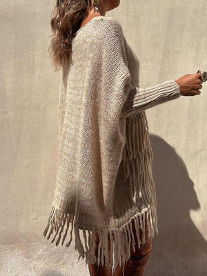 Bohemian Spirit Knit Long Fringe Sweater-MXSTUDIO.COM