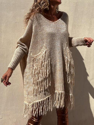 Bohemian Spirit Knit Long Fringe Sweater-MXSTUDIO.COM