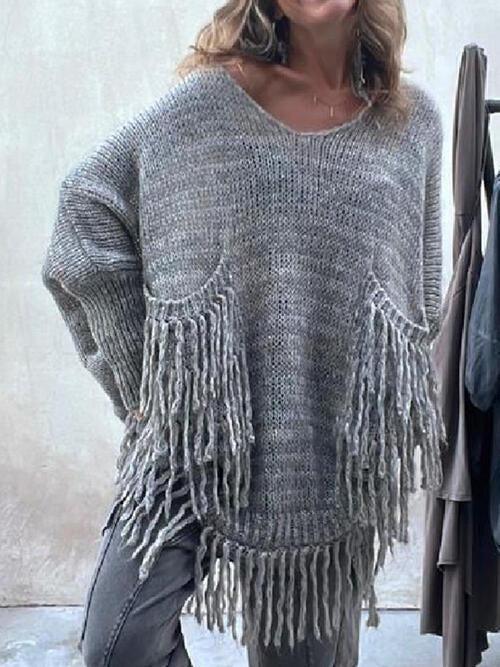 Bohemian Spirit Knit Long Fringe Sweater-MXSTUDIO.COM